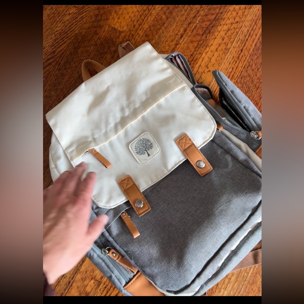 Cream and Gray Diaper Bag Backpack with Tan Accents- Parker Baby Co.
